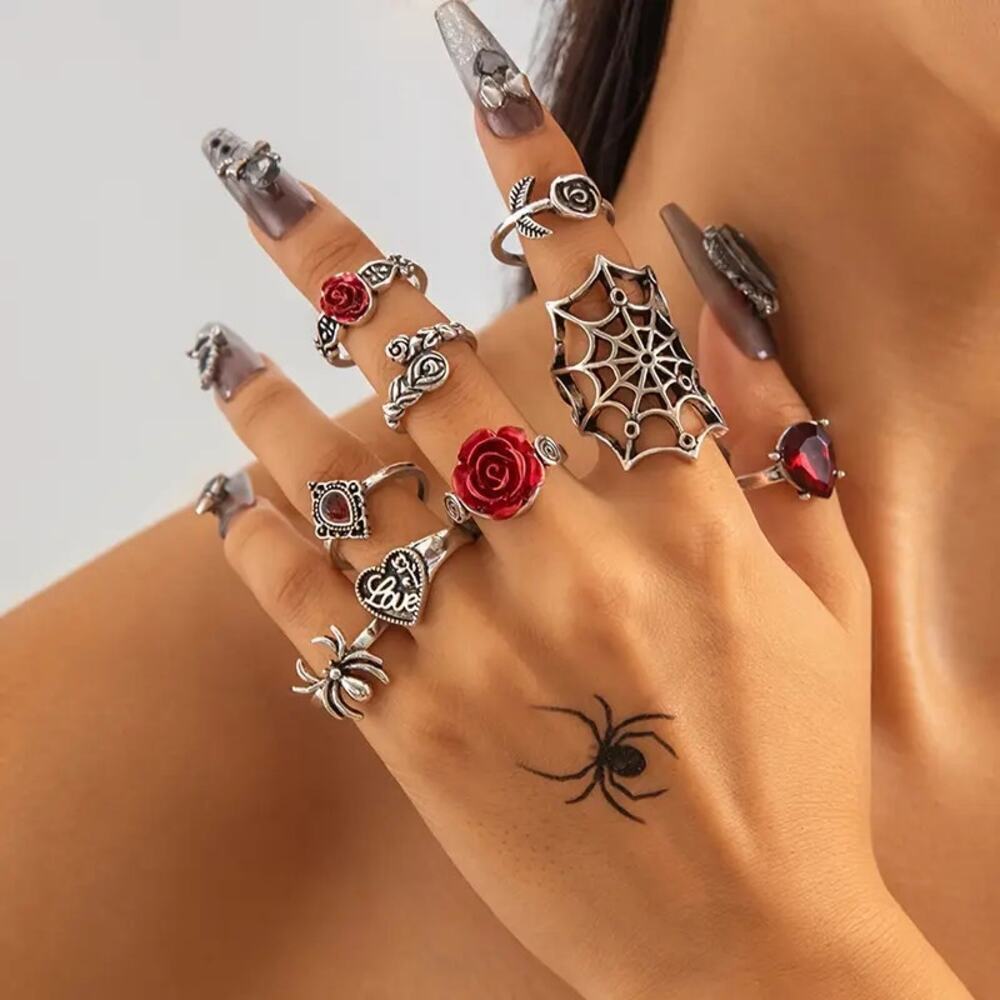NEW 9pcs Gothic Punk Ring Set – Spider, Red Rose, Heart, Goth jewelry